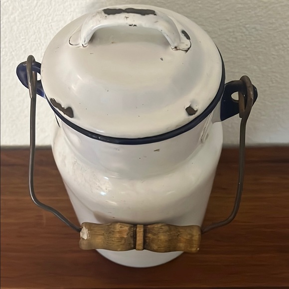 Vintage White Enamel Milk Can with Blue Accents - Picture 2 of 7